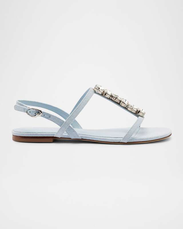 Calypso Embellished Denim Flat T-Strap Sandals